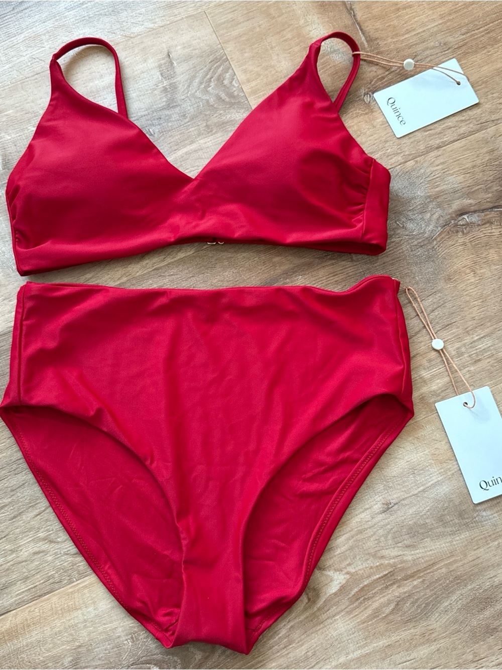 Quince Red v-neck Bikini Top and Matching mid-Rise Bottoms